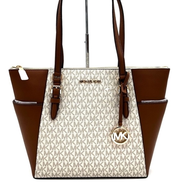 Michael Kors Large Charlotte Tote Bag Luggage Leather Vanilla - Picture 1 of 12